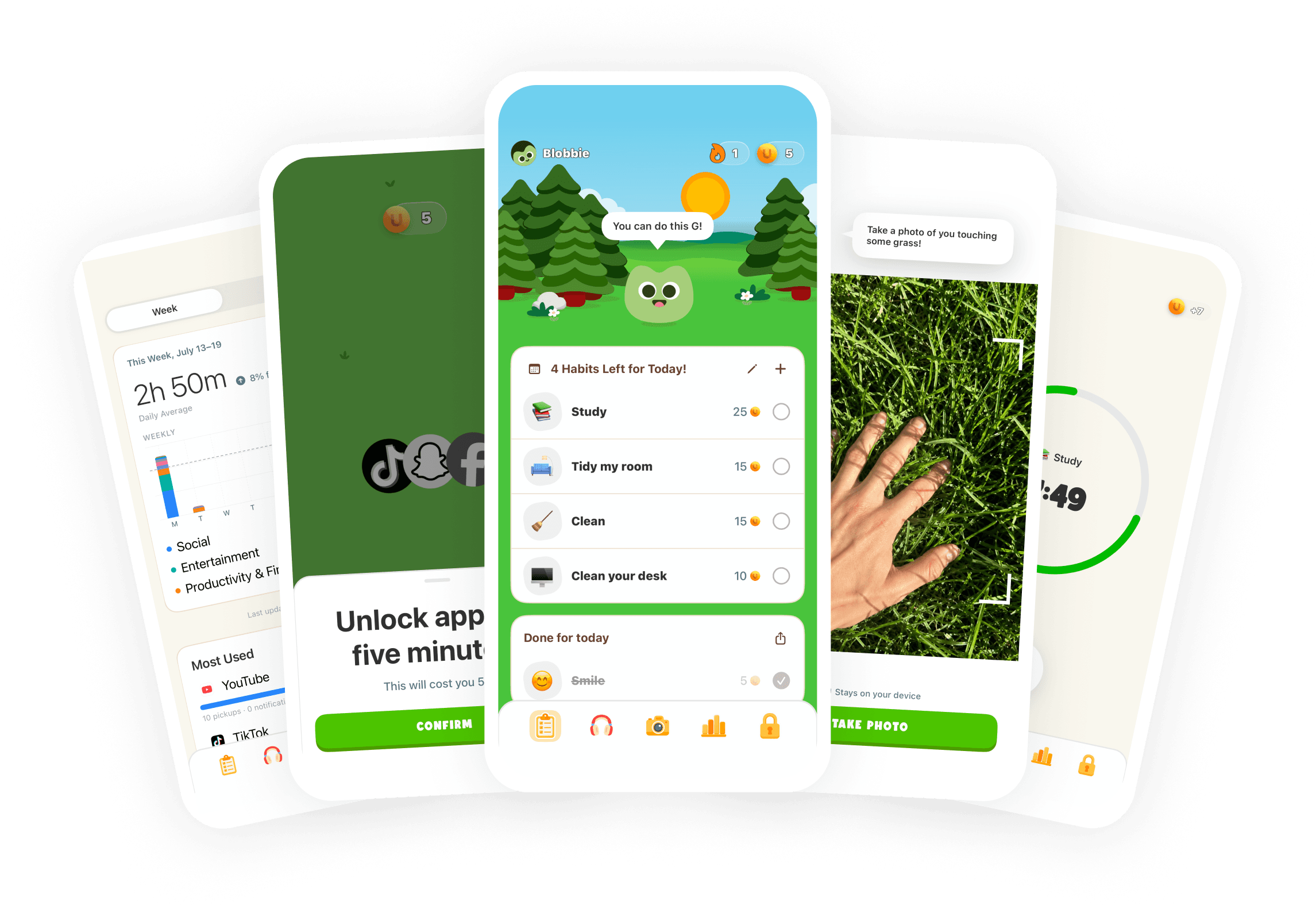 Übersicht von Unglue mit Bildschirmzeit-Einblicken, App-Entsperrung, täglichen Gewohnheiten, Fotoverifizierung und Fokustimer