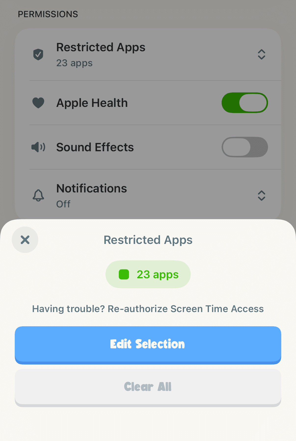Unglue Settings Restricted Apps sheet showing 23 selected apps and an Edit Selection button