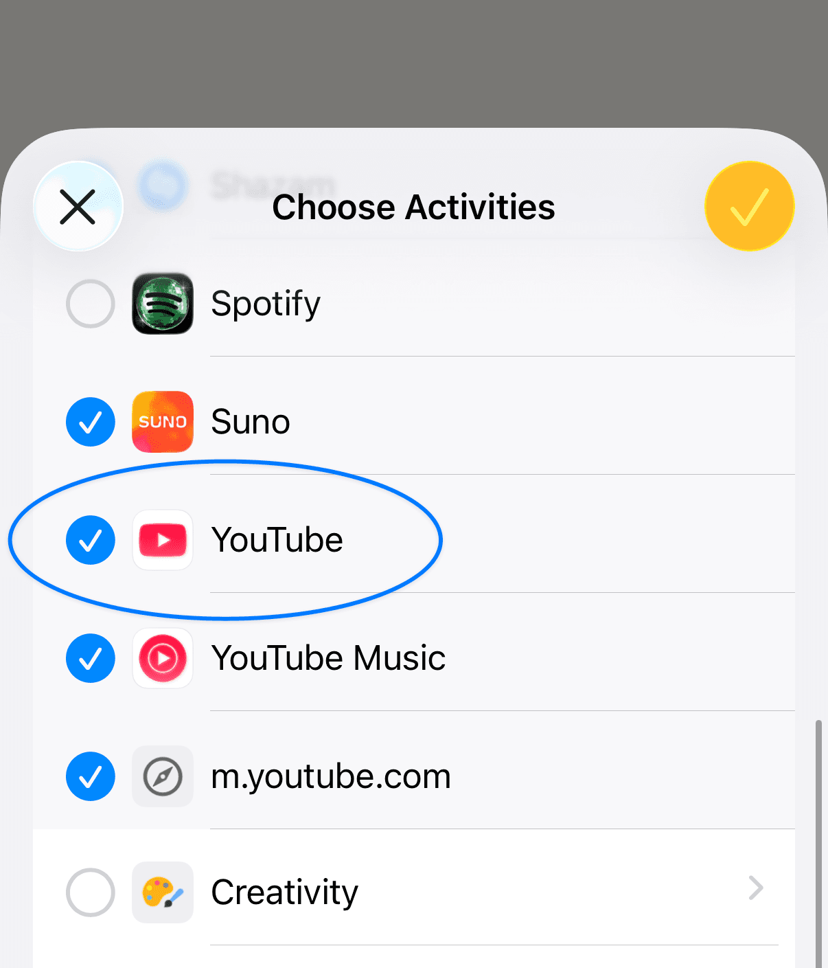 Choose Activities picker with YouTube selected alongside related apps and websites