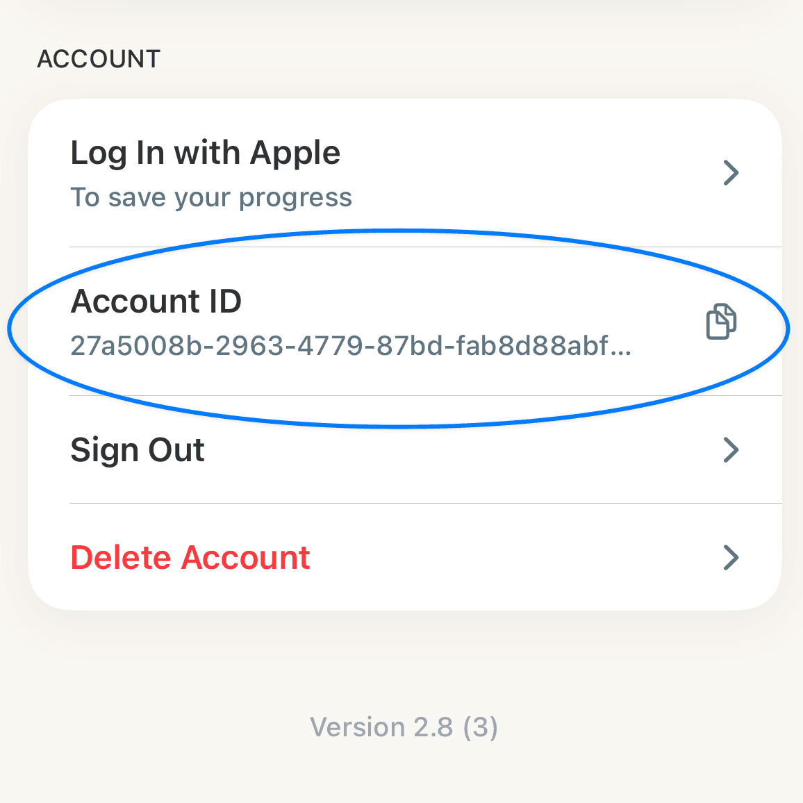 Unglue Settings account section with the copy icon next to the Account ID row highlighted
