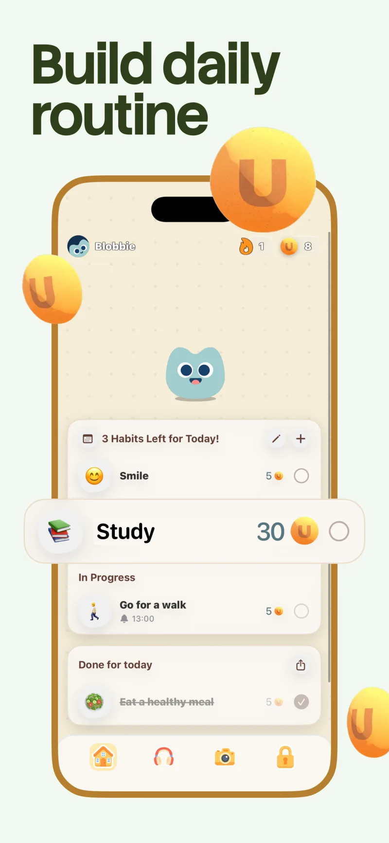 Unglue daily habit list with Blobbie and an earned token balance