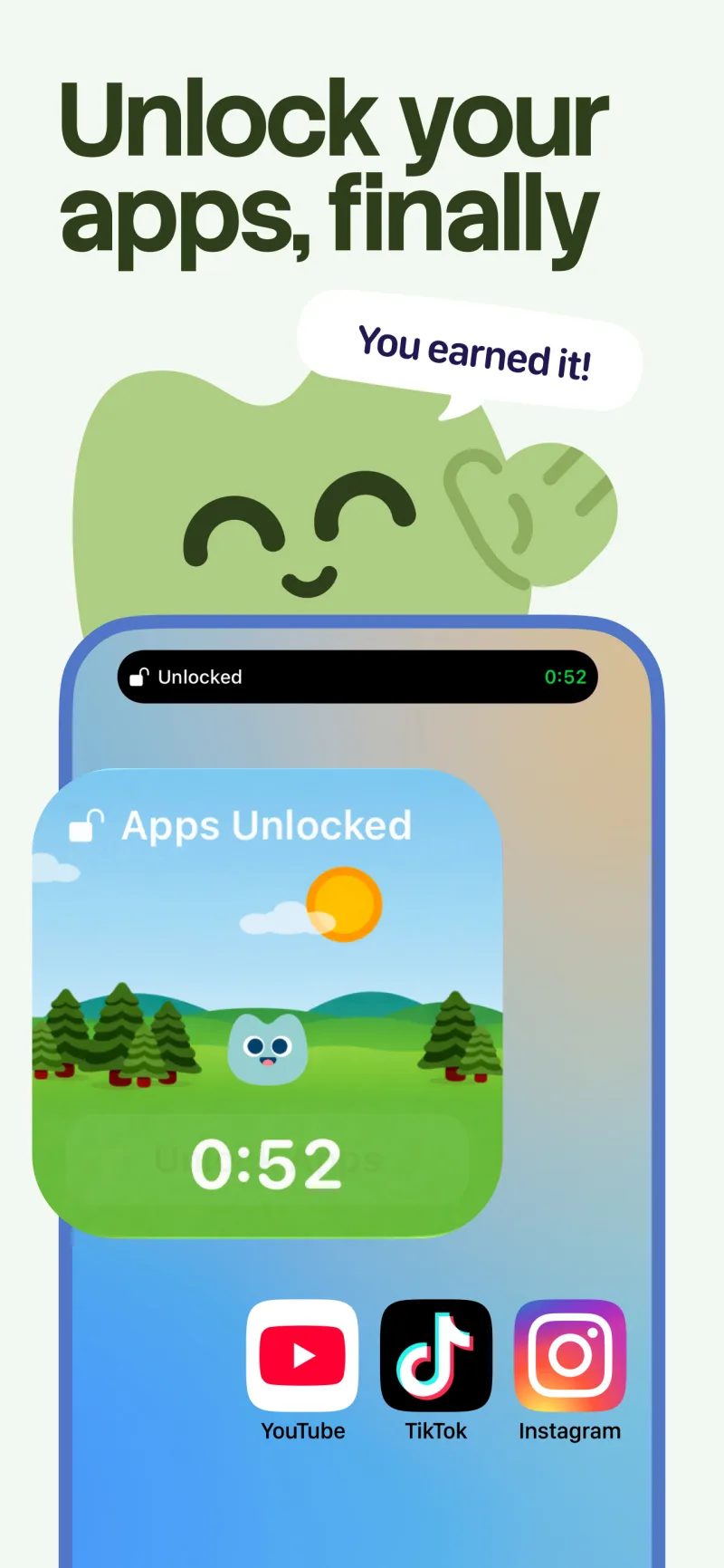 Unglue showing selected apps unlocked after screen time was earned